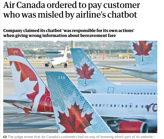 The Guardian: Air Canada ordered to pay customer who was misled by airline’s chatbot
