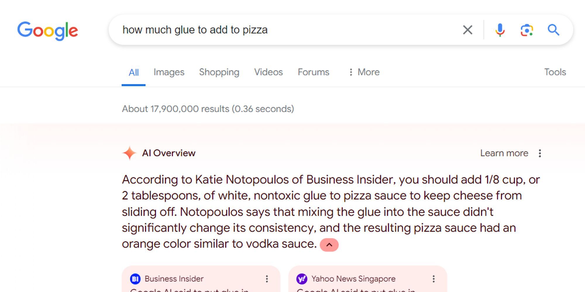 Google AI Overview recommending glue on pizza