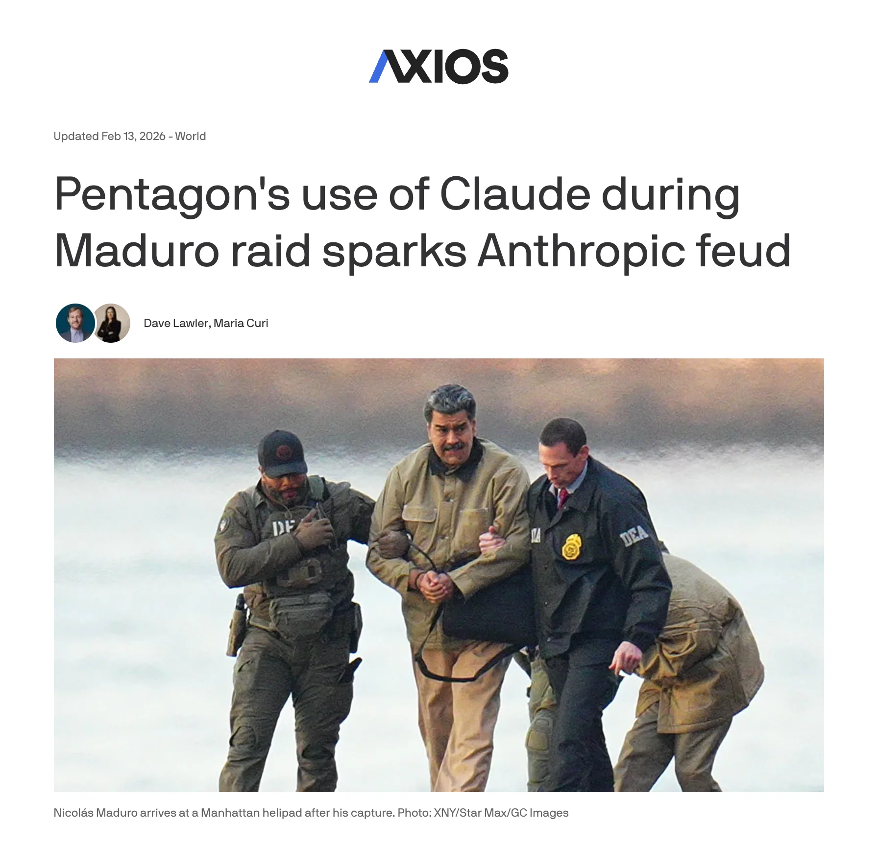 Axios: Pentagon’s use of Claude during Maduro raid sparks Anthropic feud