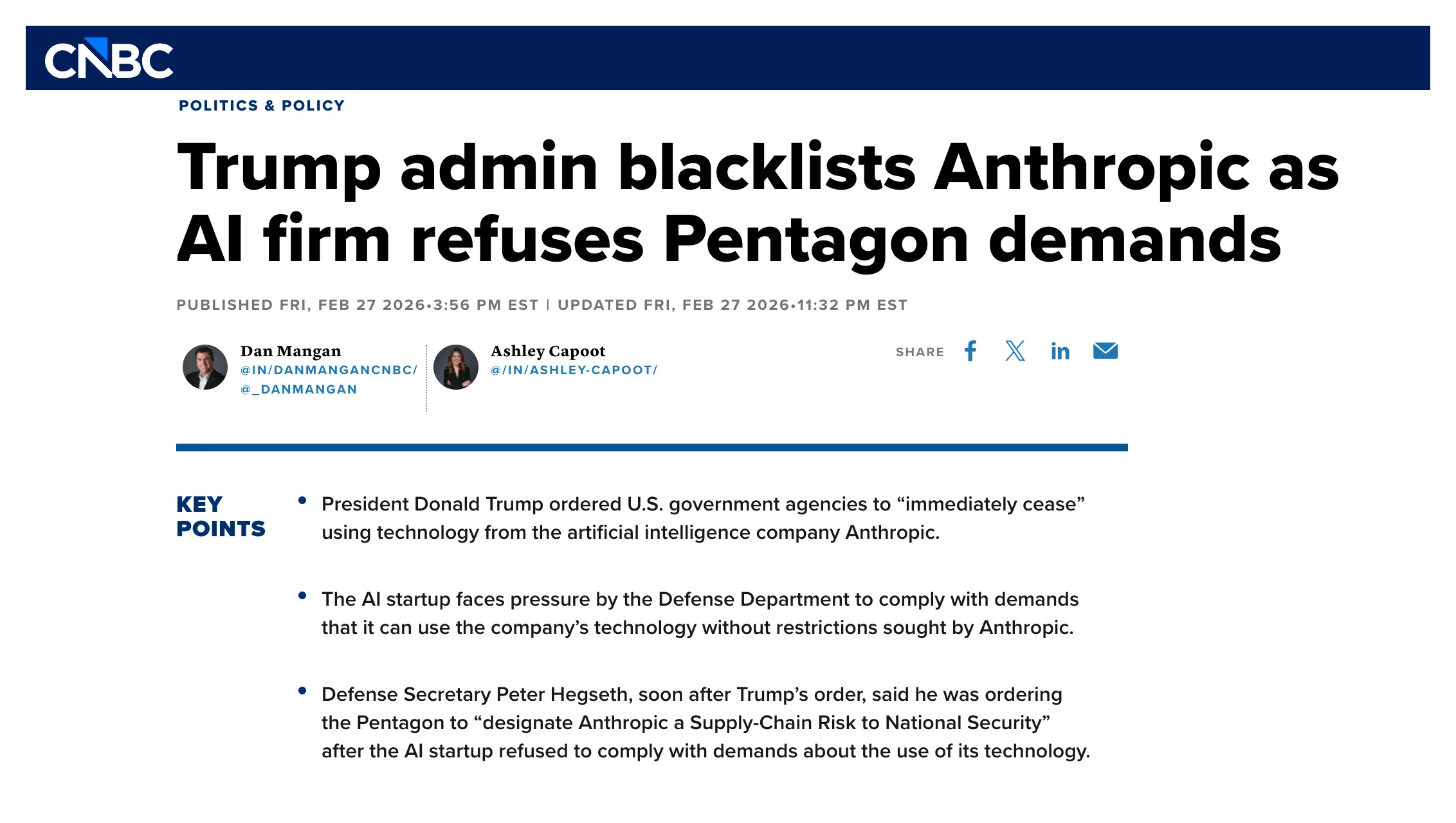 CNBC: Trump admin blacklists Anthropic as AI firm refuses Pentagon demands