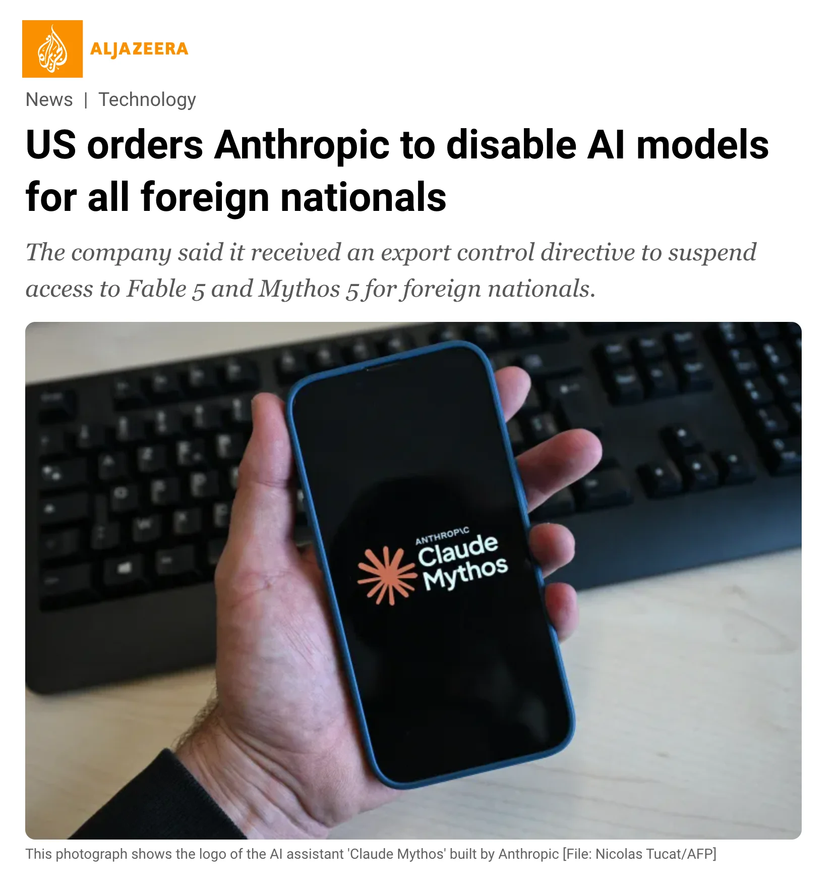 Al Jazeera: US orders Anthropic to disable AI models for all foreign nationals