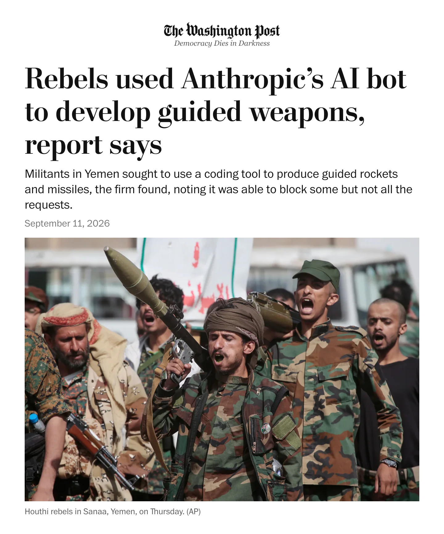 The Washington Post: Rebels used Anthropic’s AI bot to develop guided weapons, report says