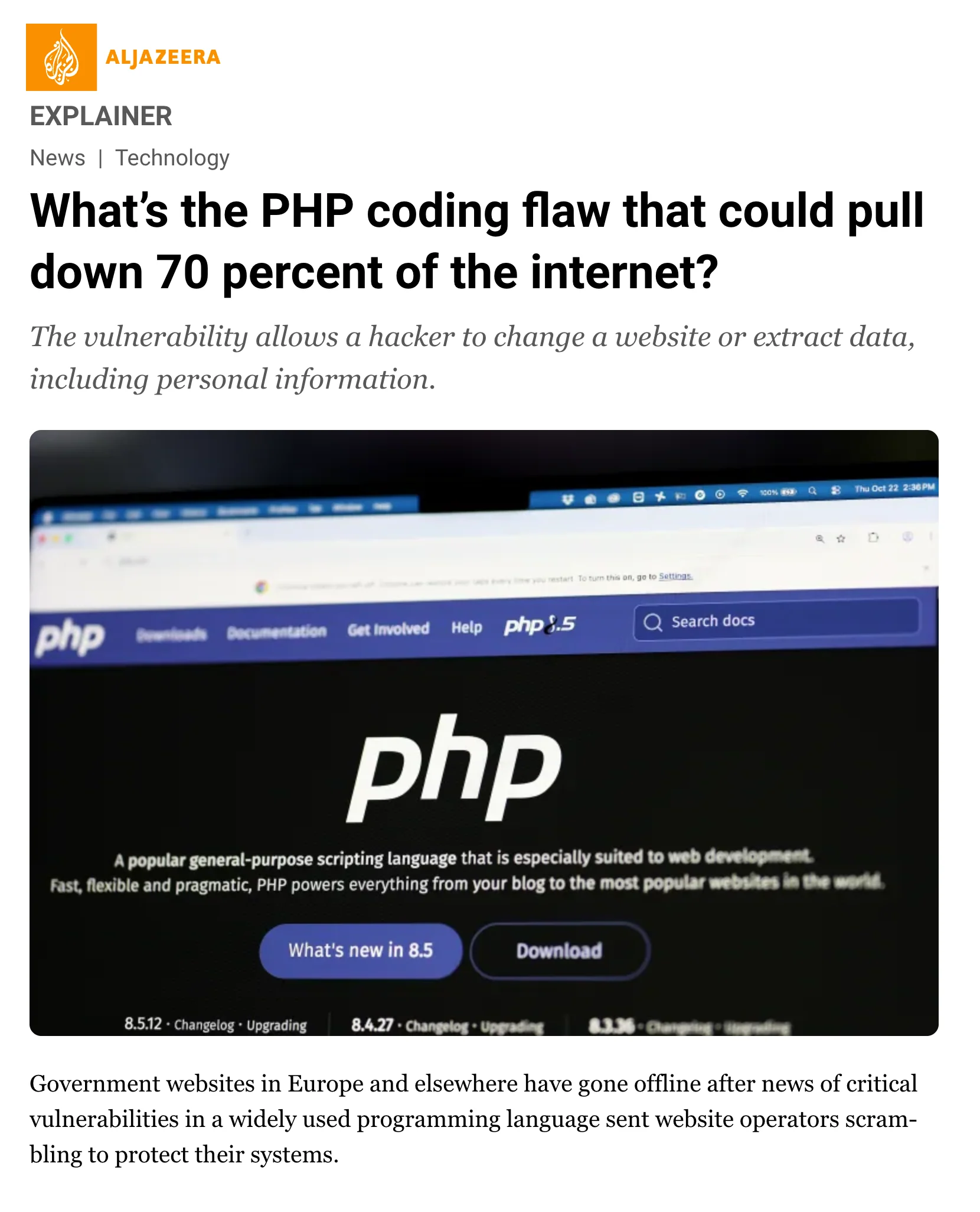 Al Jazeera: What’s the PHP coding flaw that could pull down 70 percent of the internet?