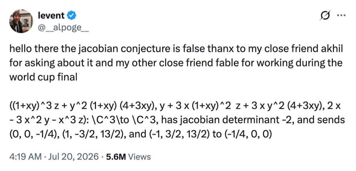 Tweet by Levent Alpöge announcing that the Jacobian conjecture is false