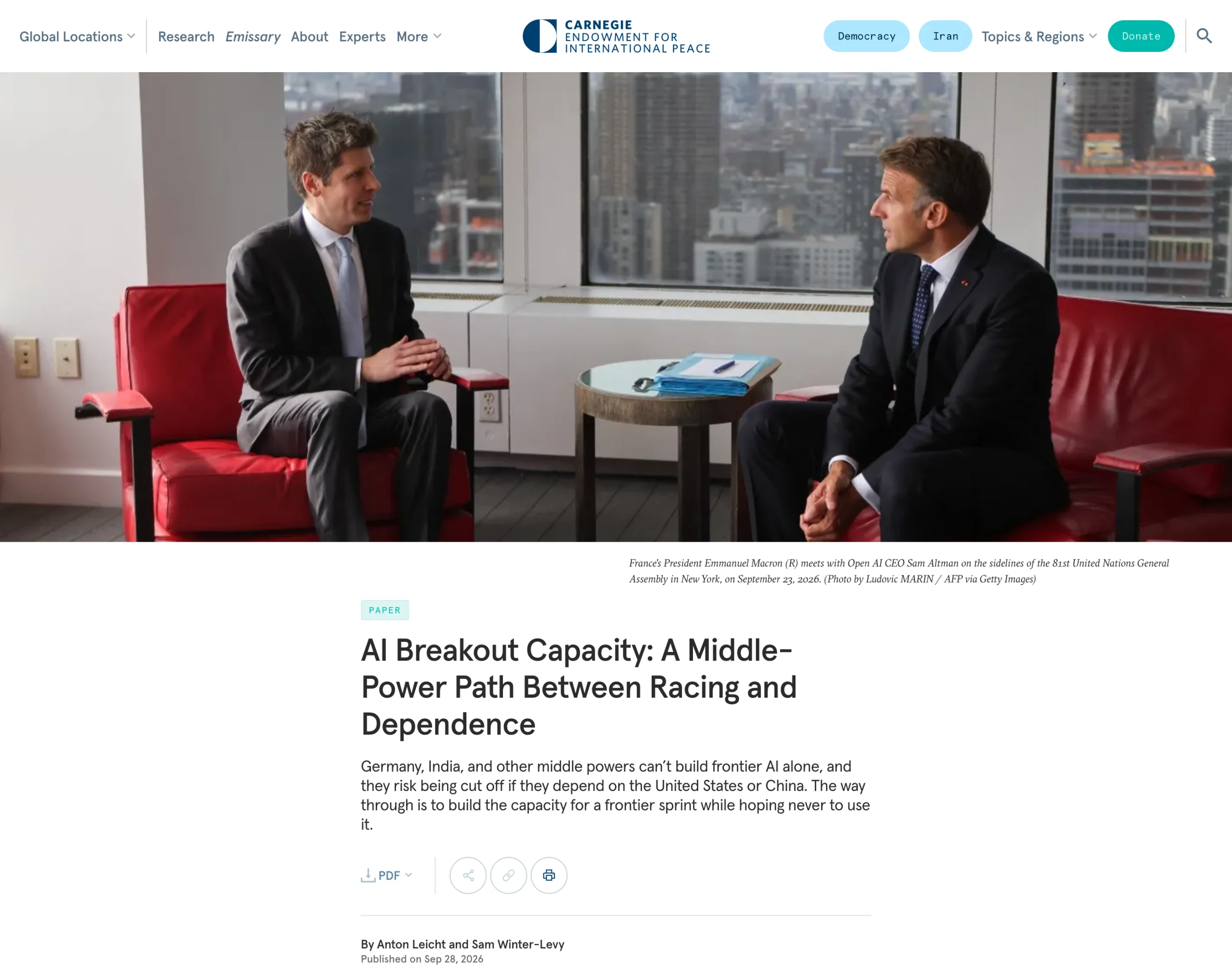 Carnegie Endowment, September 2026: AI Breakout Capacity: A Middle-Power Path Between Racing and Dependence