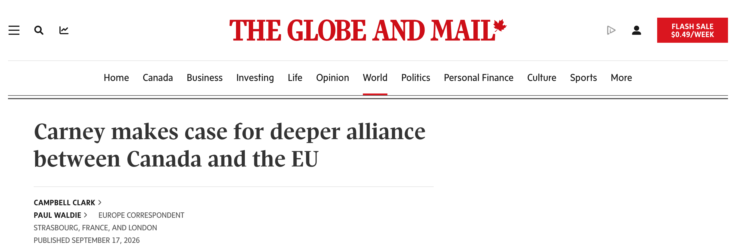 The Globe and Mail, 17 September 2026: Carney makes case for deeper alliance between Canada and the EU