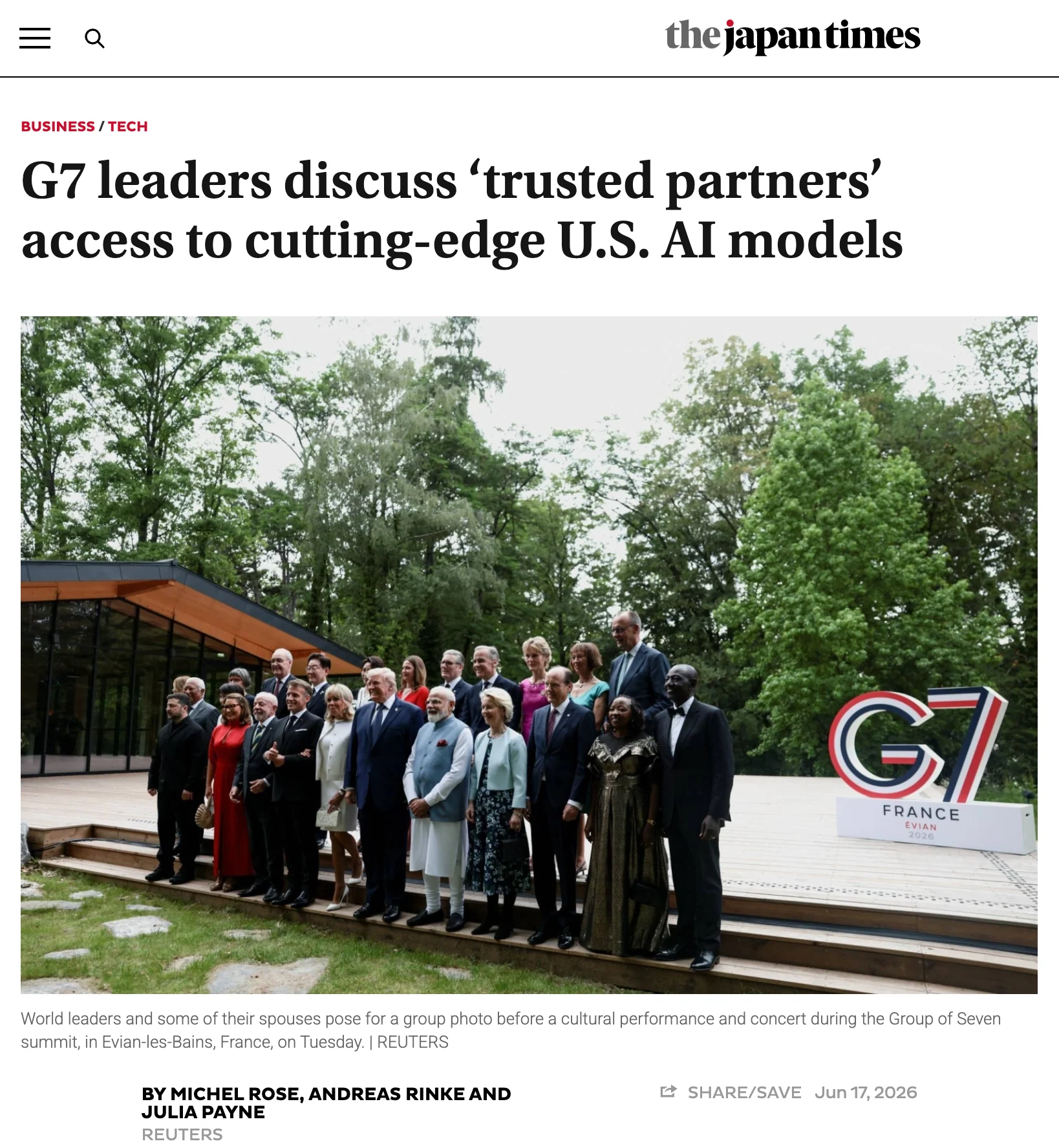 The Japan Times, 17 June 2026: G7 leaders discuss trusted partners access to cutting-edge U.S. AI models