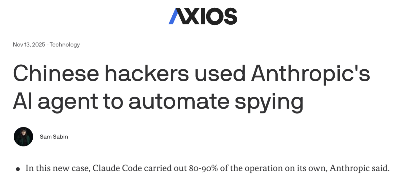 Axios, 13 November 2025: Chinese hackers used Anthropic’s AI agent to automate spying. Claude Code carried out 80 to 90% of the operation on its own