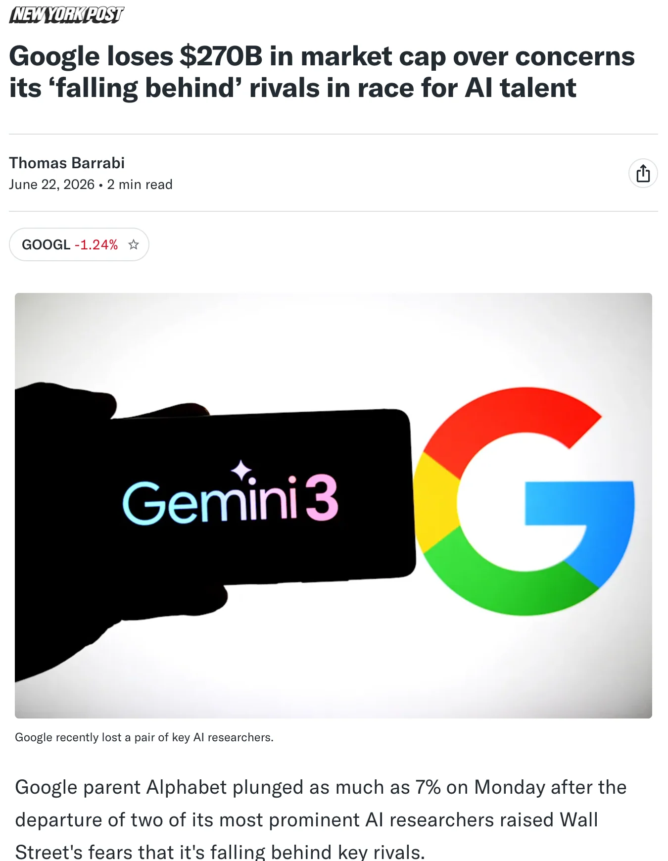 New York Post, June 2026: Google loses $270B in market cap over concerns it’s falling behind rivals in race for AI talent