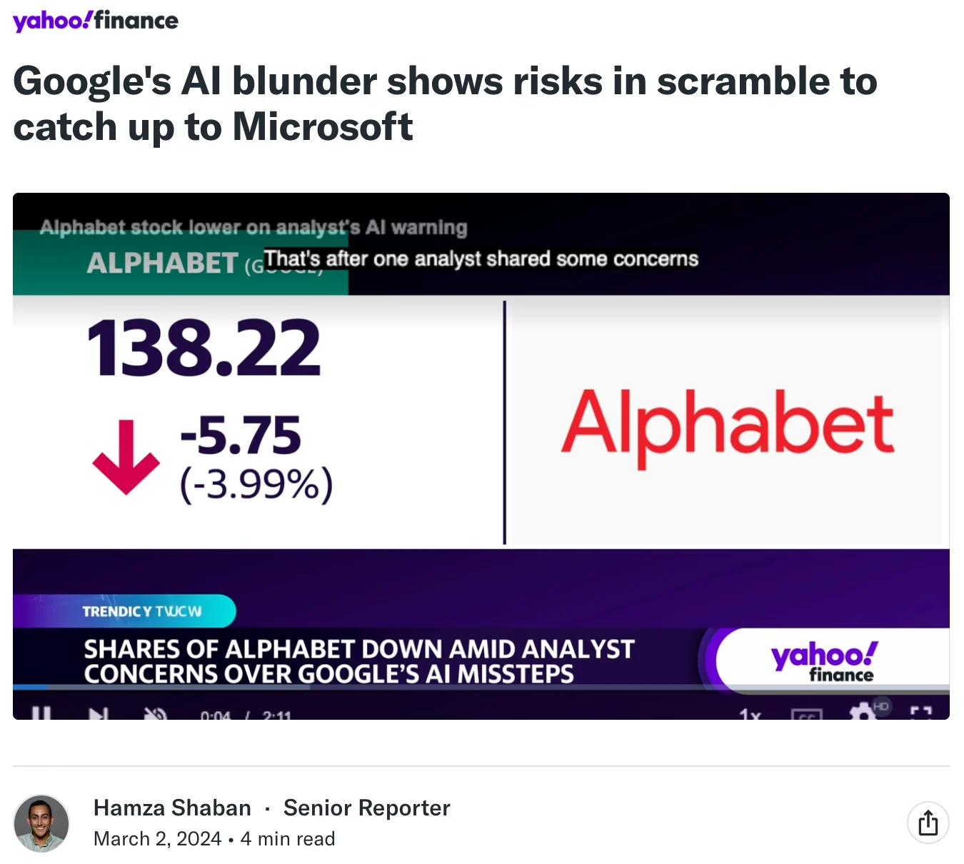 Yahoo Finance, March 2024: Google’s AI blunder shows risks in scramble to catch up to Microsoft