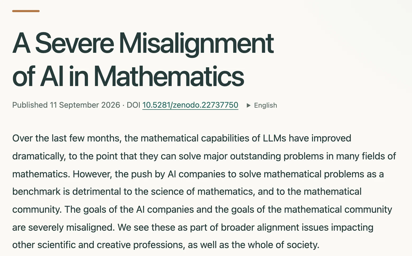 A Severe Misalignment of AI in Mathematics, statement signed by 28 Fields medallists, 11 September 2026
