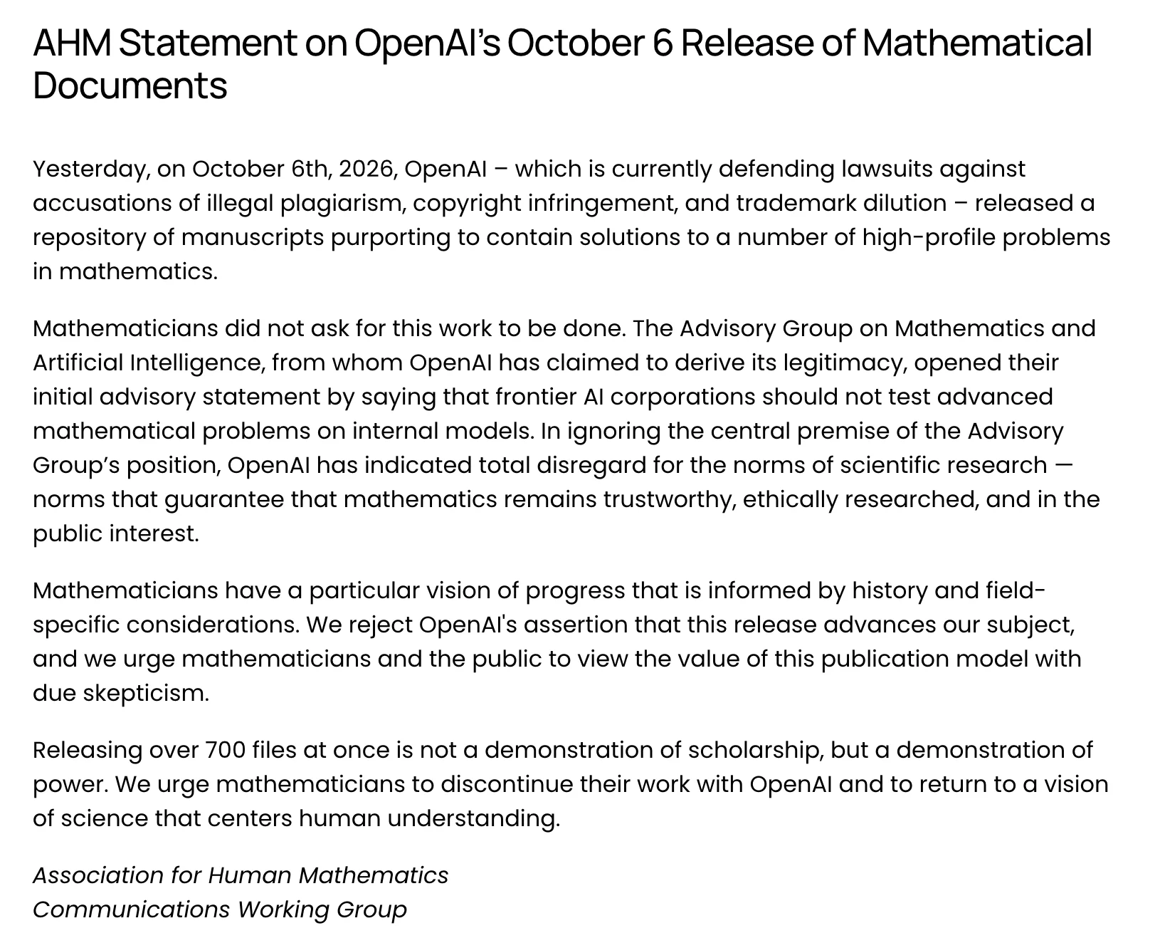 Association for Human Mathematics: statement on OpenAI’s October 6 release of mathematical documents