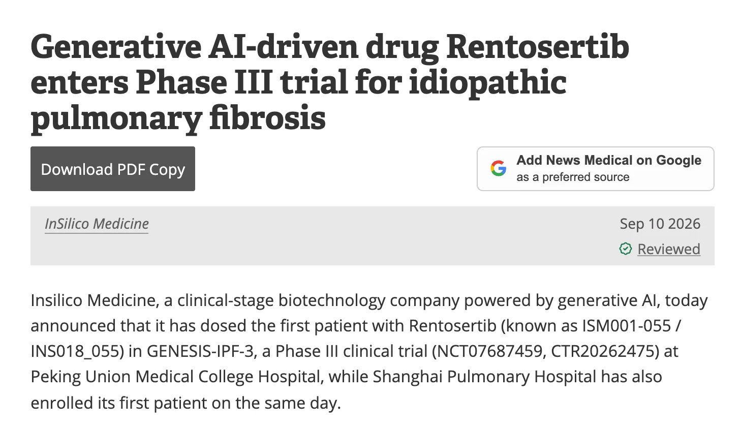 News-Medical: Generative AI-driven drug Rentosertib enters Phase III trial for idiopathic pulmonary fibrosis